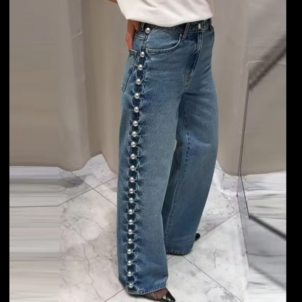 Beaded High-Waisted Straight Leg Denim Jeans for Women